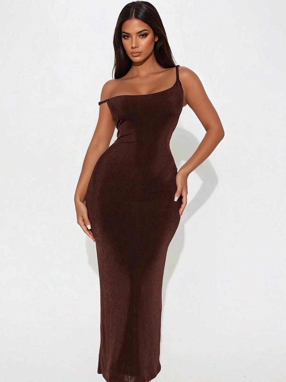 Fashion Nova Brown One-Shoulder Bodycon Maxi Dress